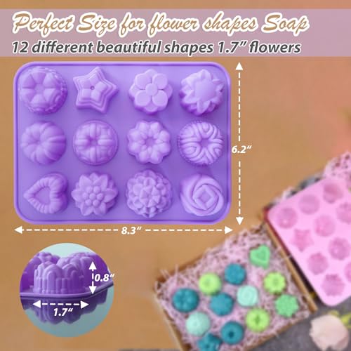 Image of Soap Molds Silicone Flower Shapes 3 Packs for Chocolate Gelatina Lotion Bar Candy Ice Cube Jelly Bathbomb, Blossom Rose Baking Tray Molds Unique Heart Star Food Grade Non-stick Homemade DIY BPA free