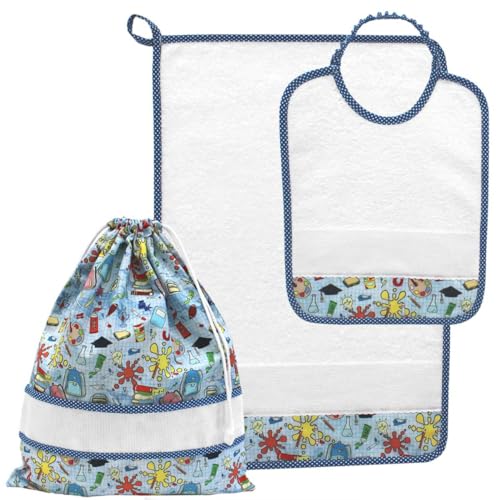 Ensemble de maternelle à broder pour éviter les échanges de bavoirs et sacs à l'école