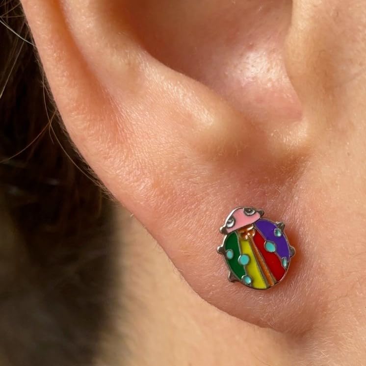 Pendientes de mariquita de plata para niñas con cierre de rosca 2