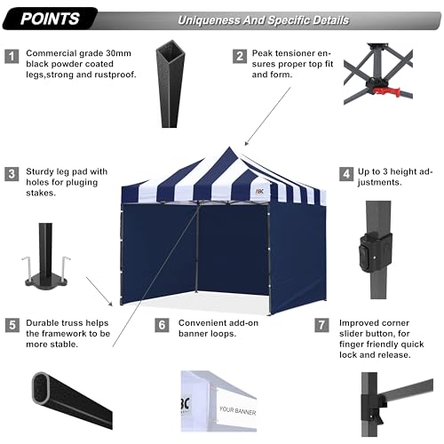 Image of ABCCANOPY Heavy Duty Easy Pop up Canopy Tent with Sidewalls 10x10,Strip navyblue