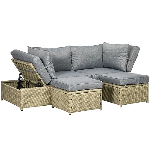 Outsunny 4 TLG. Rattan Gartengarnitur, Gartenmöbel-Set mit 2X Fußhocker, 2X Sofa, Sitzgarnitur mit Kissen, Verstellbare Sitzgruppe für Terrasse, Garten, Alu, Grau