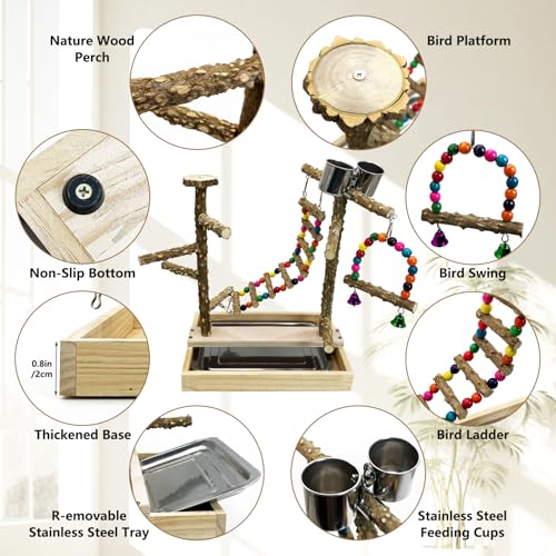 Image of Tfwadmx Bird Playground Natural Wood Bird Play Stands Parrot Perch Stand with Removable Tray Climb Ladders Swing Chewing Toys for Lovebirds Cockatiels Budgies