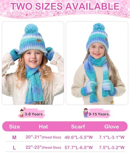 Kids Winter Hat Scarf Gloves Set, Girls Boys Toddler 8% Wool Warm Fleece Lined Pom Pom Beanie Hat Knit Neck Scarf Soft Thick Mittens Gloves for Cold Weather 3 In 1 Birthday Christmas Gift for Children2