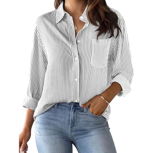 Women's Striped Button-Down Shirt Long-Sleeve Casual Collared Blouses Office Shirt Tops Medium 00027_gray