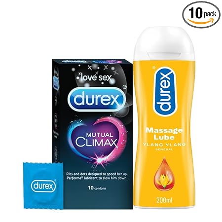 Durex Mutual Climax Condoms for Men & Women - 10 Count with Durex Lube Sensual Massage and Lubricant Gel for Men & Women - 200ml | Water based lube