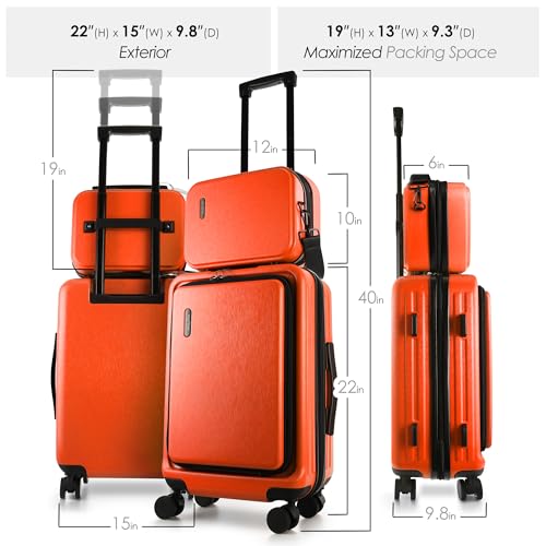 Image of 20 Inch Carry On Luggage 22x14x9 Airline Approved, Carry On Suitcase with Wheels, Hard-shell Carry-on Luggage, Durable Luggage Carry-On, Orange Small Suitcase with Cosmetic Bag