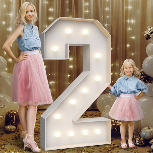 4FT Marquee Light Up Numbers 2 Party Decoration Large Marquee Light Up Letters with Weighted Water Bag Pre-cut Foam Board Set Can Be Used for Birthdays Weddings Baby Anniversaries