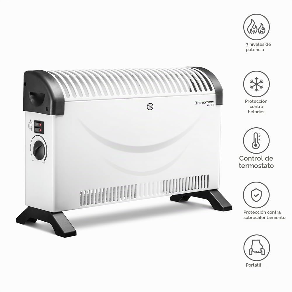 TROTEC TCH 19 E convector eléctrico 2.000 W para hogar, taller y garaje | Para estancias de hasta 24 m²/60 m³, 3 niveles, termostato, función antihielo y protección contra sobrecalentamiento