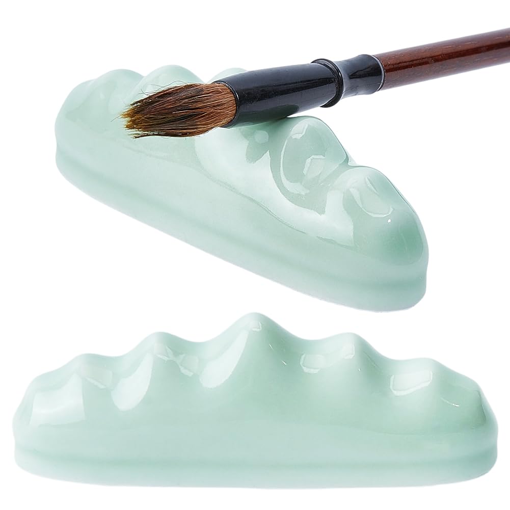 GORGECRAFT Ceramic Calligraphy Paint Brush Rest Holder Rack Green Wave Porcelain Chinese Chopsticks Sumi Pen Brushes Organizer Stand Holders for Painting Writing Art Practice Supplies Beginner