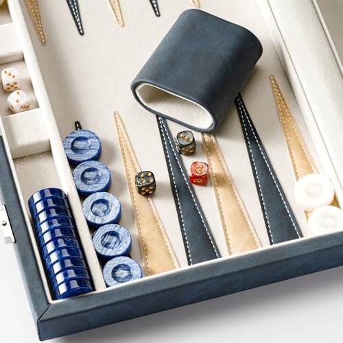 Lingle 15inch Backgammon Sets for Adults, Classic Backgammon Board with Unique Checkers Dice, Faux Leather Exterior and Velvet Interior, Portable Backgammon Travel Set (Blue) - image 6