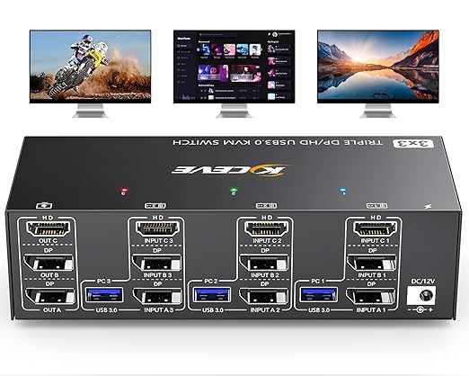 KVM Switch 3 Monitors 3 Computers 8K@60Hz, MLEEDA HDMI Displayport Triple Monitor KVM Switch 3 Computers Udostępnij 3 Monitors i 4 Porty USB 3.0, z Adapter Zasilania, Pilota Przewodowa i 3 Kable USB