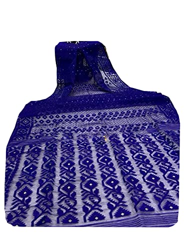 Sari jamdani tejido a mano de algodón dhakai musulmán azul largo 5.5m ropa india mujer