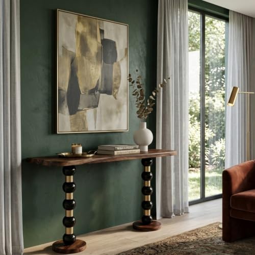 Image of Sheesham Wood TV Unit for Living Room | Entertainment Console Table | Modern Oval Top with Turned Spindle Legs | Wooden Media Stand for Smart TV, Set Top Box & Decor Display| Light Walnut