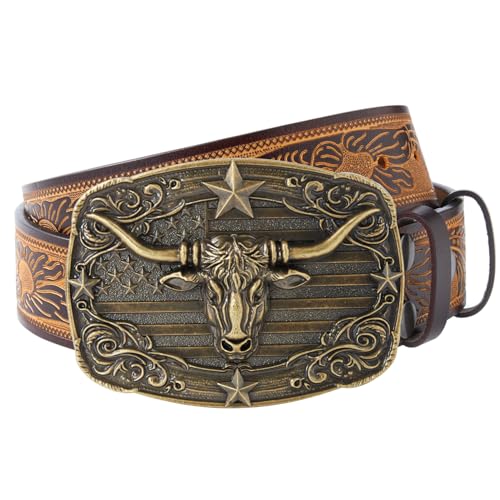 Evbopa Western Leather Belts for Men Cowboy Belt Mens Engraved Bull Buckle Belts