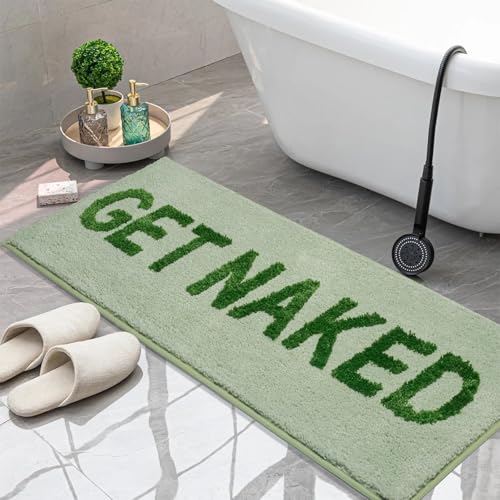 KOEXM Tappeto da bagno lungo 45,7 x 119,4 cm, con scritta "Get Naked", in morbida microfibra, assorbente, colore verde salvia, antiscivolo, lavabile in lavatrice, tappetino da bagno per bagno,