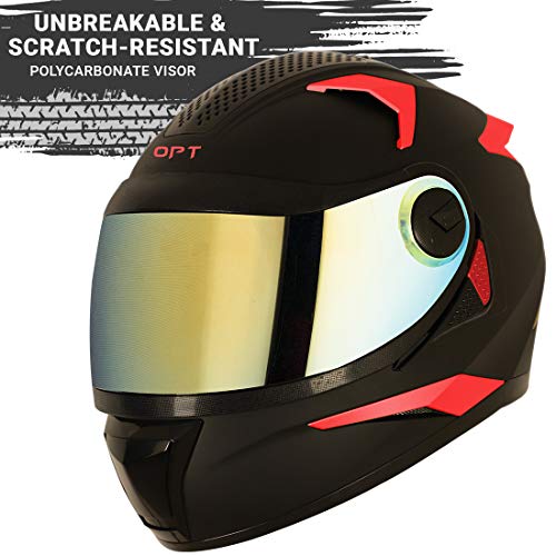 Image of Steelbird 7Wings Robot Opt Fluo Edition ISI Certified Full Face Helmet (Matt Black Watermelon with Chrome Gold Visor, Medium 580 MM)