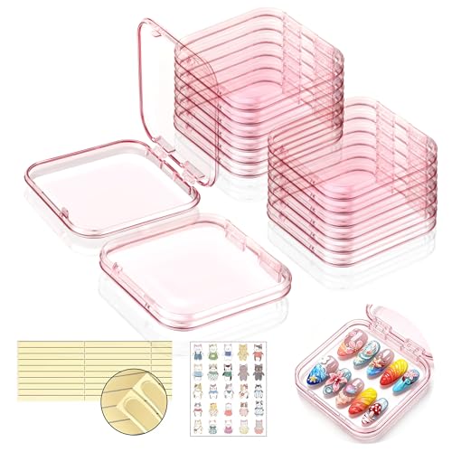 MENyOK 12 Pcs Press On Nail Containers 3x3in Pink Plastic Nail Tips Holder Organizer Box with 30 Adhesive Glue Tabs for Fake Nail Display Nail Storage Case for Salon Business & Home Use