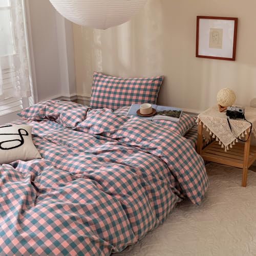 Image of Queen Comforter Set Modern Style Checkered Pattern Comforter Purple Pink Plaid Bedding Comforter Lightweight Fluffy Soft Boho Grid Bedding Geometric Plaid Comforter Set Queen with 2 Pillowcases