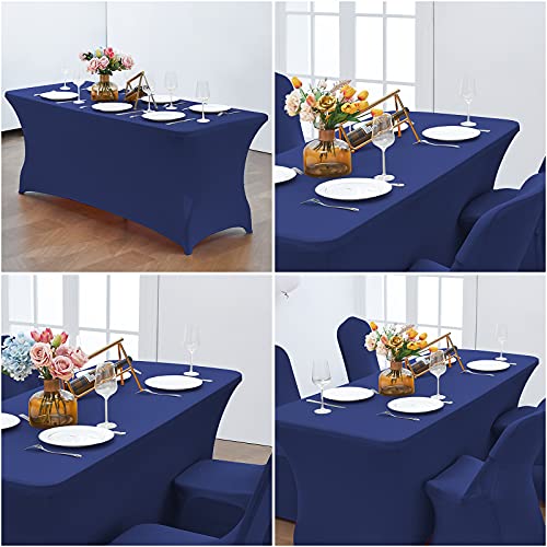 Image of CWK 6FT Waterproof Stretch Spandex Table Cover for Rectangular Tables - Elastic Fitted Tablecloth for Folding Tables,Wrinkle Resistant Table Cloth for Parties, Weddings, Banquets & Events (Blue)