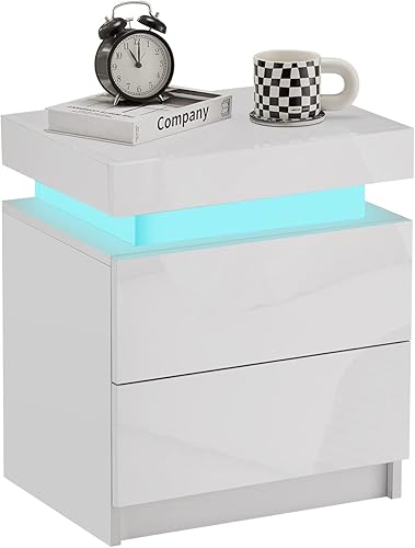 CLIPOP Moderna mesita de noche, mesita de noche LED con 2 cajones de alto brillo, armario de mesita de noche con luz de control remoto, mesita de