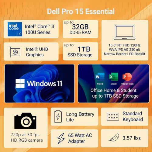 Image of Dell Pro 15 Essential Laptop, Intel Core 3 100U, 8GB DDR5, 512GB SSD, FHD