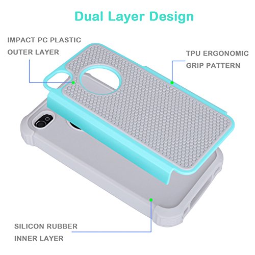 Image of Jeylly iPhone 4S Case, iPhone 4 Cover, Shock Absorbing Hard Plastic Outer + Rubber Silicone Inner Scratch Defender Bumper Rugged Hard Case Cover for Apple iPhone 4 /4S - Turquoise&Grey