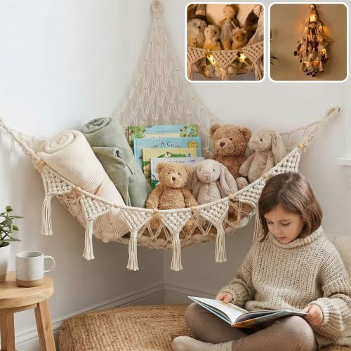 Image of TIDYTEDS Stuffed Animal Hammock Corner | Sturdy Handcrafted Stuffed Animal Net | 4mm Double Macrame Cord Stuffed Animal Holder | Natural 100% Cotton Plushie Net | Toy Hammock w/LED Light (Ice Cream)