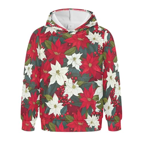 Kids Hoodies Sweaters Christmas Poinsettia Flower Hooded Sweatshirts with Big Pockets for Boys Girls B0400050