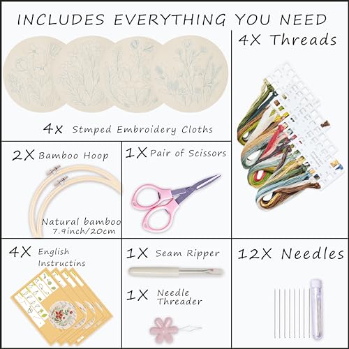 Image of Bonroy 4 Sets Embroidery Set for Beginners, Art Craft, Easy Sewing, Includes Embroidery Clothing, Pattern, Embroidery Hoop, Instruction Manual, Colorful Thread Stitch Set (11)