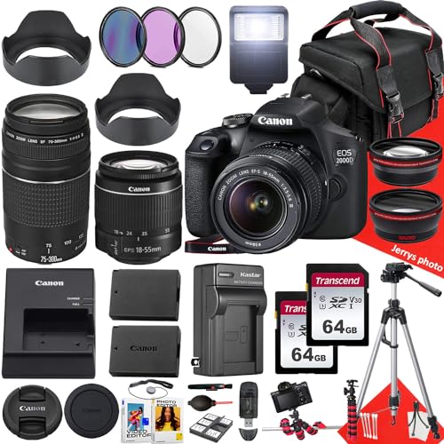Canon EOS 2000D / Rebel T7 DSLR Camera with Canon EF-S 18-55mm F/3.5-5.6 DC III Zoom and EF 75-300mm f/4-5.6 III Lens + 128 GB Memory + Extra Battery + Tripod + More (33pc Bundle) (Renewed)