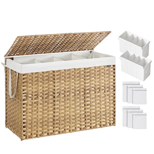 SONGMICS Laundry Hamper with Lid, 200 L Clothes Hamper with 2 Removable Liner Bags, 6 Mesh Bags, Wicker Laundry Basket, Double Laundry Hamper for Bathroom, 15.7 x 33.9 x 24 Inches, Natural ULCB452Y01