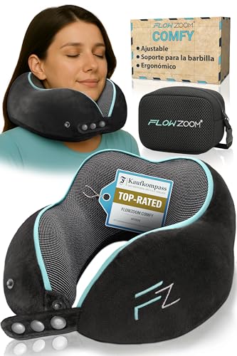 FLOWZOOM Comfy Almohada de Viaje Viscoelástica – Soporte Ajustable 360°, Funda de Felpa Suave y Lavable, con Bolsa Compacta – Cojín de Cuello para Avión, Coche y Tren – Negro