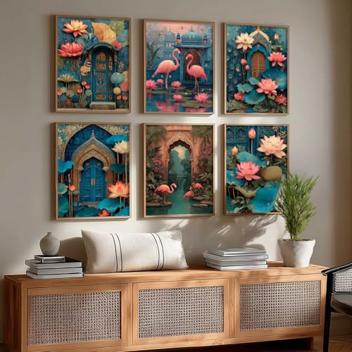 Image of kotart Decorative Traditional Wall Art Home Decor Madhubani Painting poster With Frame For Living Room Bed Room Hotel Wall Decor Digital Reprint Set of 6 (13X17 inch)