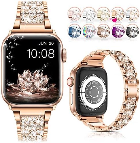 LELONG for Apple Watch Band 42mm 44mm SE Series 6 Series 5 4 3 2 1 , Bling Replacement Bracelet iWatch Band, Diamond Rhinestone Stainless Steel Metal Wristband Strap