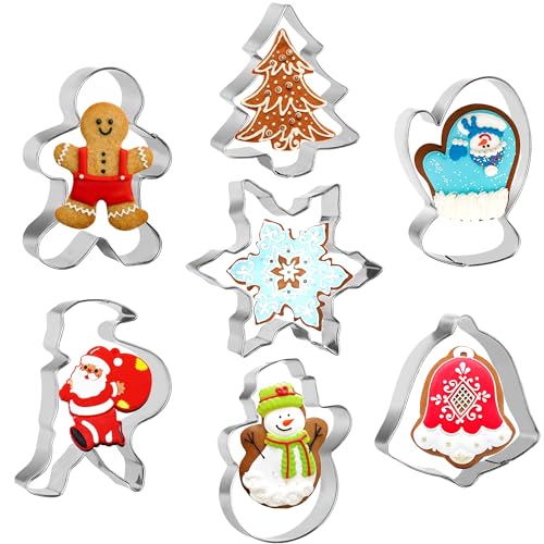 Grehge e Cutter Set,Pecehom 7Pcs Snowflake,Christmas Tree,Gingerbread Man,Santa Claus,Gloves,Bell,Snowman Stainless Xmas Biscuit Cutters for Baking
