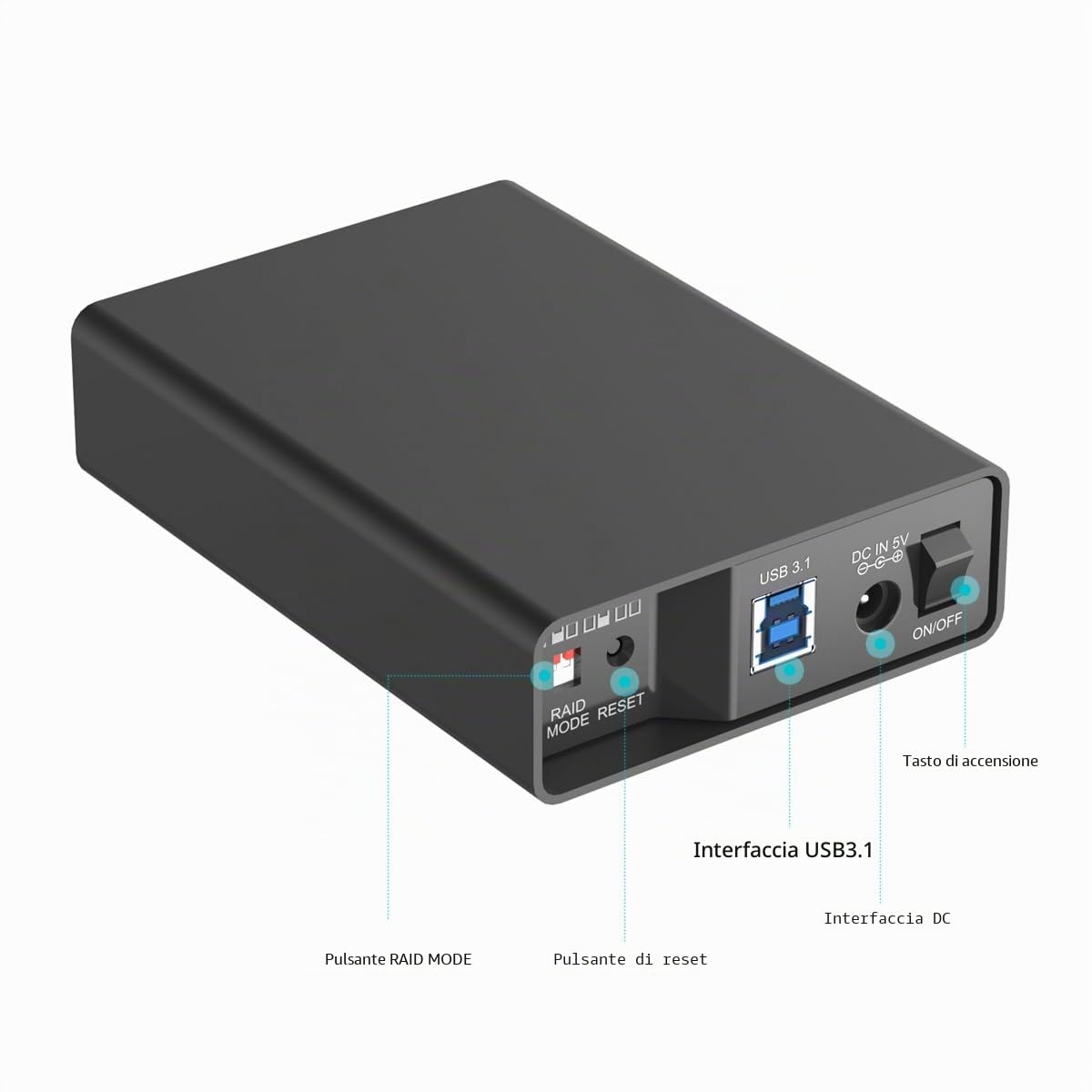 Enclosure RAID a 2 alloggiamenti RAID in alluminio per 2 SSD SATA da 2,5", USB 3.2 Gen2 (10 Gbit/s), alloggiamento in alluminio, RAID 0, RAID1, singolo, grande, 2 cavi USB-A, USB-C