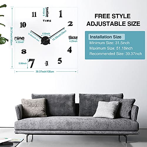 3 In 1 Ferrisa Large 3D Frameless Wall Clock 47 Inch, Modern Silent Diy Wall Clock For Living Room Bedroom Office Decor, One Black Movement + 2 Digital Plates Included（Black +Silver） #TOP5