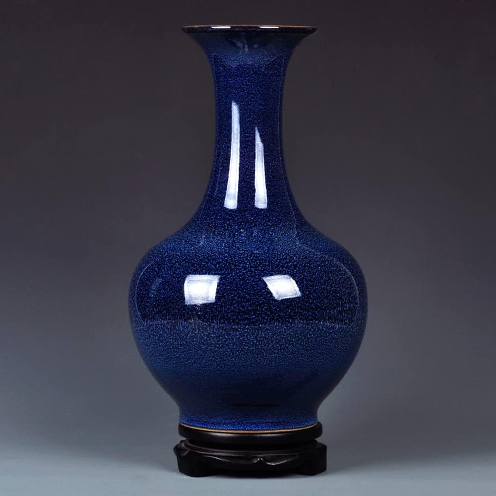 Large 14.1in Chinese Blue Ceramic Vase with Wooden Base, Tall Speckled Glaze Porcelain Flower Vase Elegant Home Decor Centerpiece for Living Room Office & Gifting