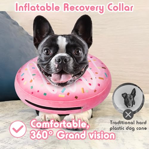 Image of Inflatable Dog Pillow Cone Collar After Surgery, Donut Soft Neck Cone for Beagle French Bulldog Medium Plus Dogs, etc, Recovery E Collar to Stop Licking Pink