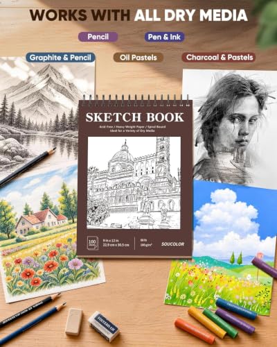 Image of Soucolor 9 inch x 12 inch Sketch Book, 100 Sheets Hardcover Art Sketchbook for Kids | Thick Acid-Free Sketch Paper (68lb /100gsm) Artist Drawing Book Paper Painting Sketching Pad for Grandkids Who Love to Draw