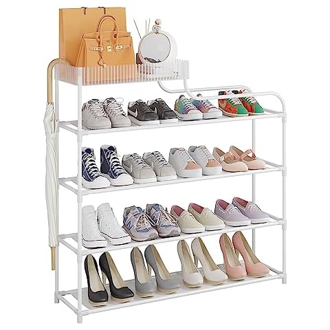 Sywhitta 4-Tier Free Standing Shoe Rack with Storage Boxes - High Capacity Organizer for Corridor, Living Room, Balcony, Bedroom, White Cover