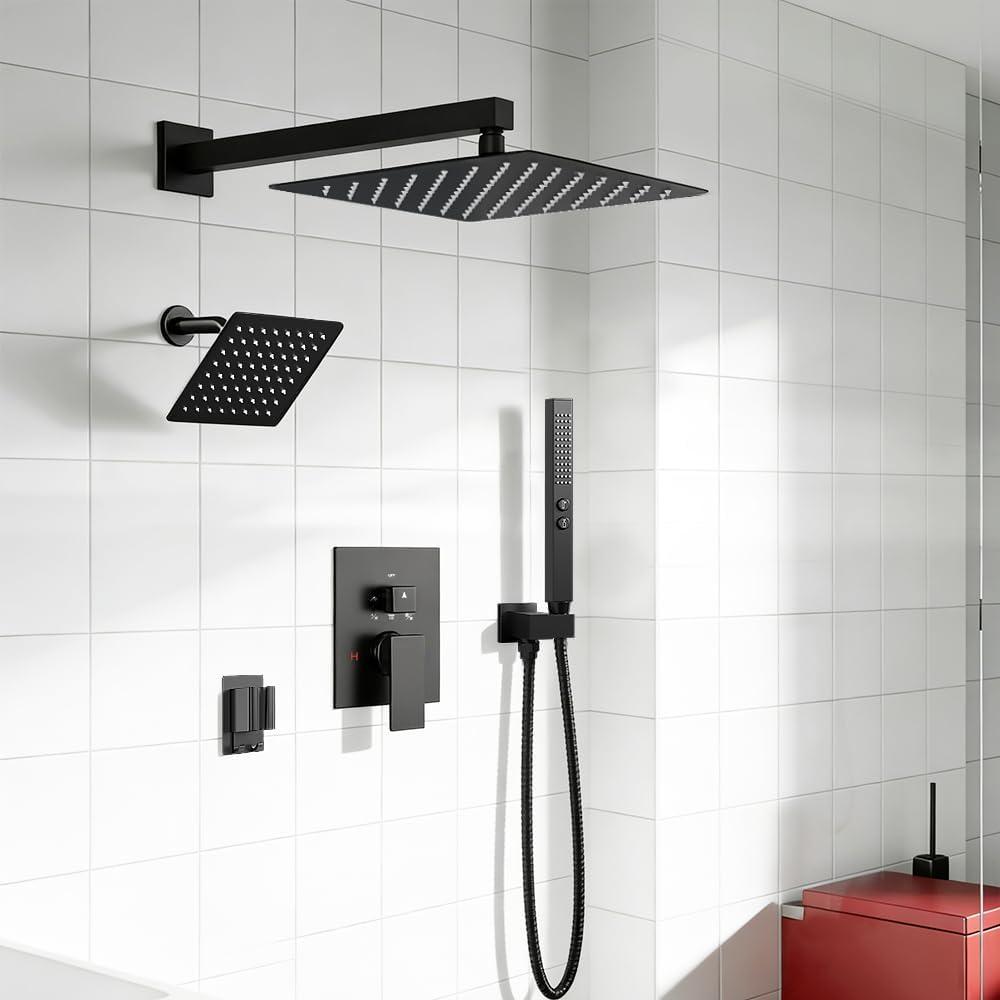 Shower Faucet Sets Matte Black Rainfall Shower System, 5 Function Diverter with 12'' Ceiling & 6'' Wall Mount Dual Shower Head, 2-in-1 Handheld Spray Gun, Pressure Balancing Valve Shower Set