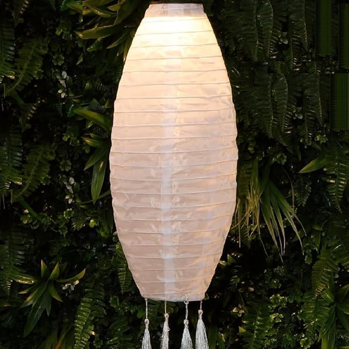 Set of 4 Solar LED Nylon Mandarin Lantern Lights – Waterproof Outdoor Garden Decor with Hanging Hook – Warm White Glow – Solar365 & Dusk Sensor Tech – 5 Elegant Designs (20 cm Long Oval (4 Pack))