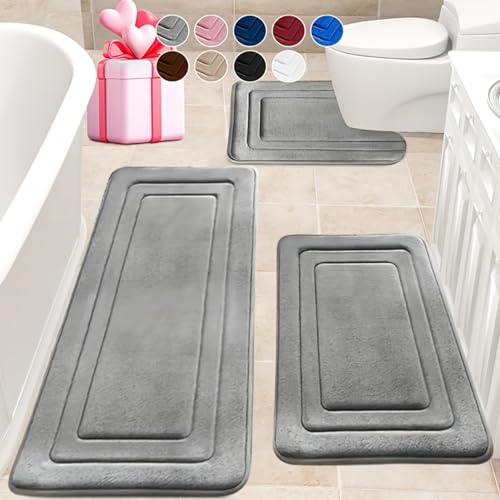 Swsen Ensemble de Tapis de Bain Gris 3 Pièces – Antidérapant et Lavable, Tapis de Salle de Bain en Polaire Corail à Poils Longs, Tapis pour Douche,...