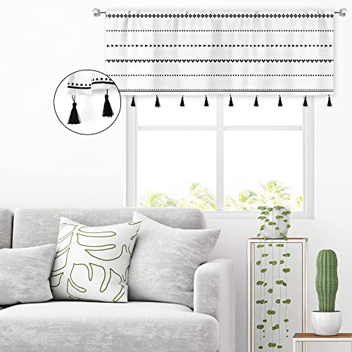 Meshelly Boho Tassels Valance 52W X 18H Inch Black And White Bohemian Striped Kitchen Curtains Rod Pocket Farmhouse Tribal Topper Decor Modern Ivory Chic Geometric Bedroom Window Drapes Fabric 1 Panel #TOP4