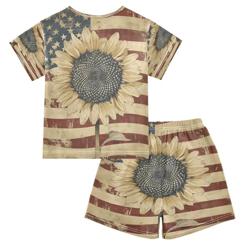 senya Short Sleeve Pajamas Sets Summer Cotton Sleepwear Vintage Sunflower with American Flag2