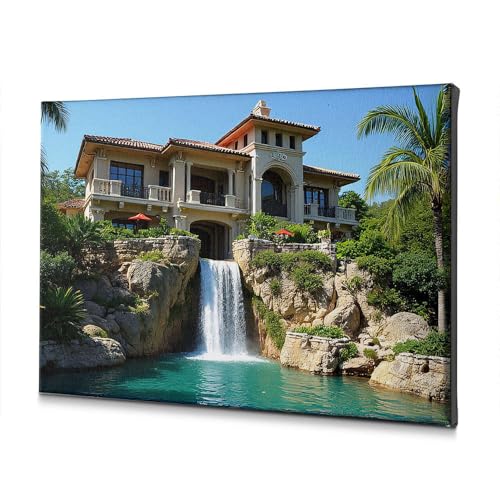 TYYF Farmhouse Decor Luxury Mansion With Waterfall Feature Canvas Decorative