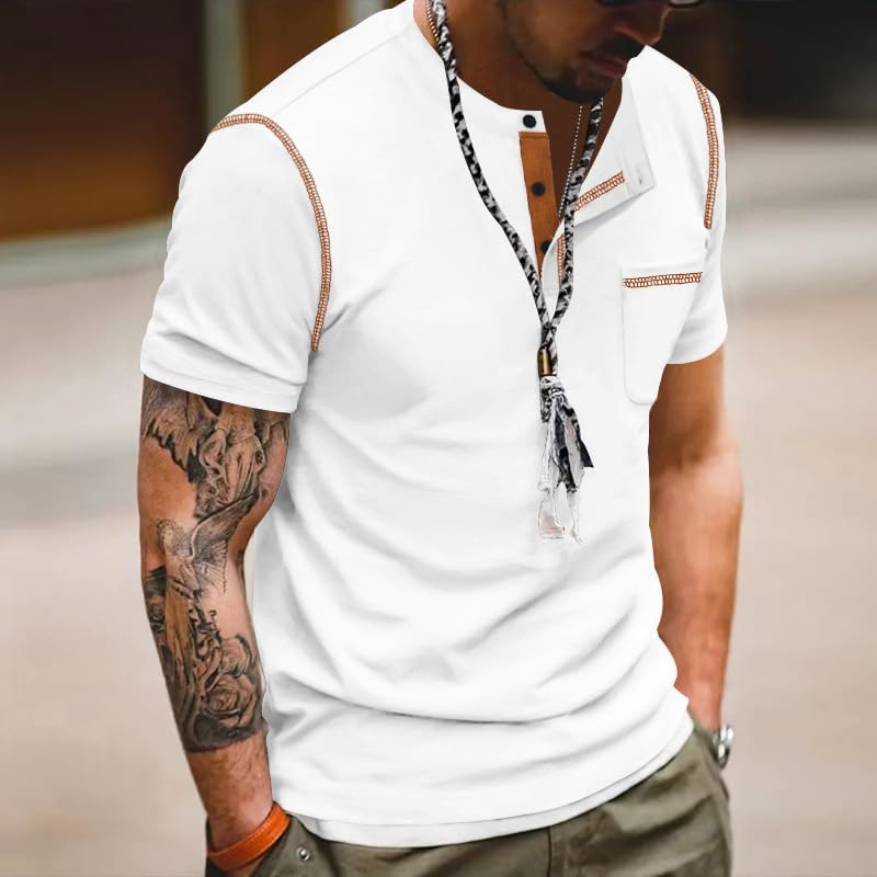 Camiseta Henley de manga corta con costuras de contraste para hombre, con bolsillo en el pecho para uso diario — view 2