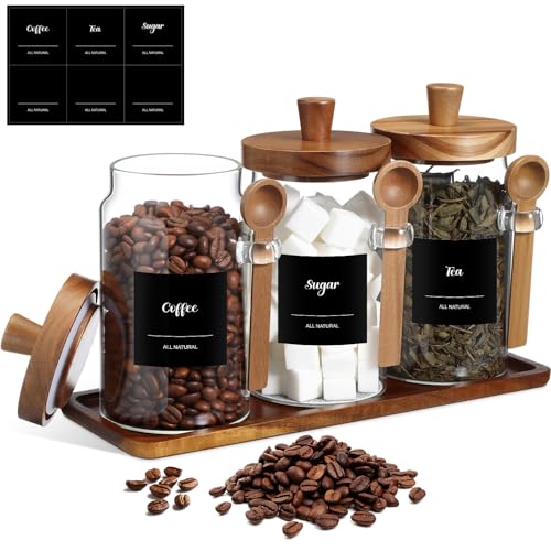 Suclain 3 Pcs Glass Coffee Container with Wooden Lid Spoon Shelf Labels Clear Airtight Jar Food Storage Canister Set for Sugar Spice Coffee Bean Holder Housewarming Gift(25 oz,Acacia Brown)