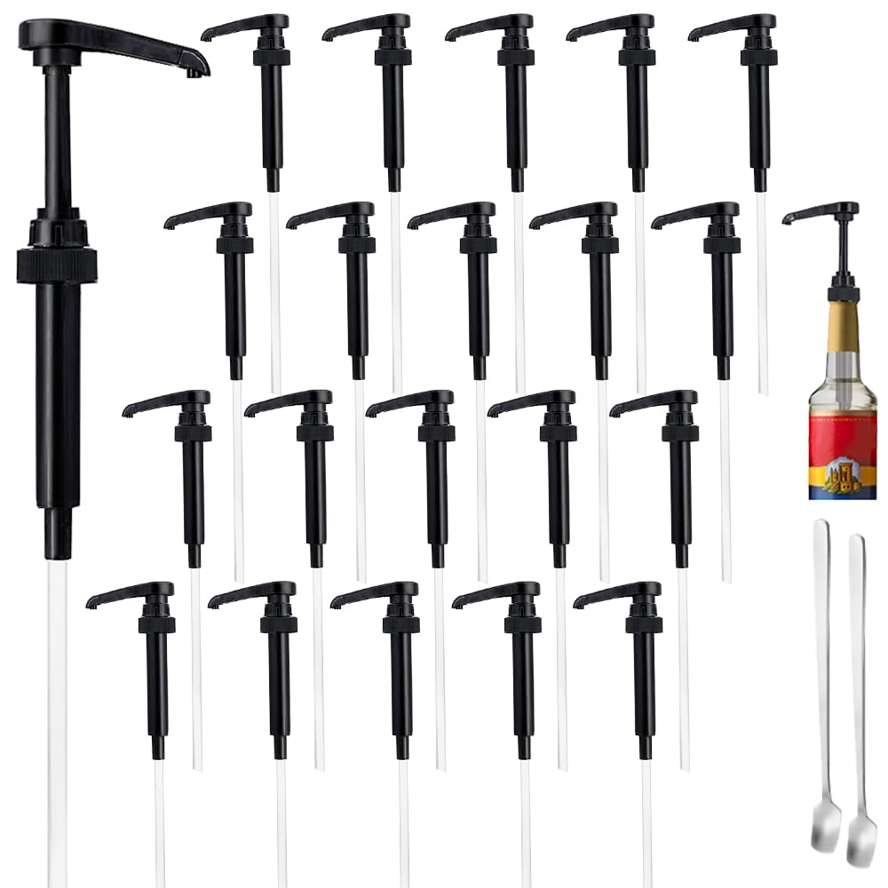 20 Pcs Black Pumps for Coffee Syrup Bottle, Compatible with 25.4 Oz/750ml Bottles, Great for Home & Coffee Bar Drinking Mixes, Tea, Beverage, Cocktails, Plus Spoons